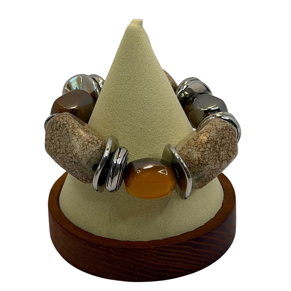 Chunky Earth Tone Stretch Bracelet Brown Tan Silver Mixed Media Statement Boho